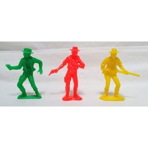 Set of 3 Vintage Plastic Cowboy Western Toy Figures Neon Green Orange Yellow